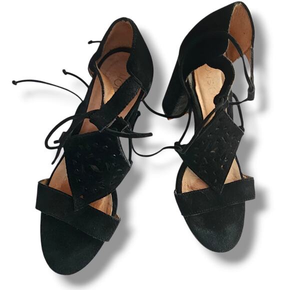 Anthropologie Howsty Mimosa Lasercut Suede Heels39 Black All Leather Wrap Ankle - Picture 1 of 10